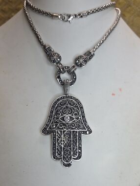 Sterling-Style Silver Hamsa Hand Pendant Necklace Hematite